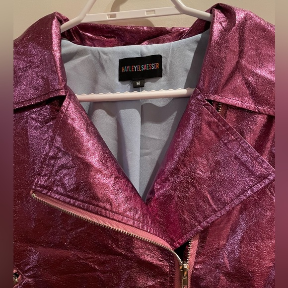 Haley Elsaesser Purple Metallic Lined Biker Jacket with Belt - Picture 2 of 5